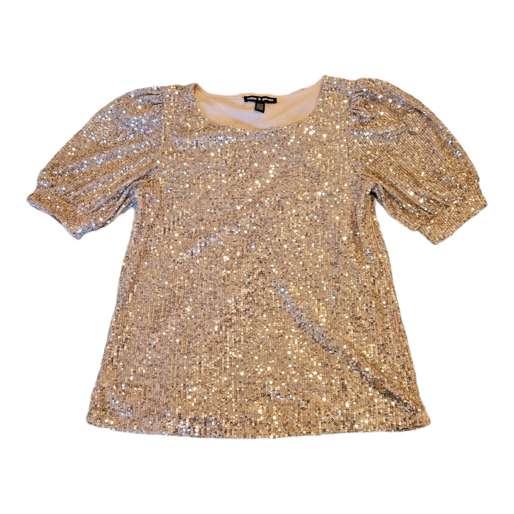 Cable & Gauge Small Beige Short Sleeve Lined Sequin Shirt